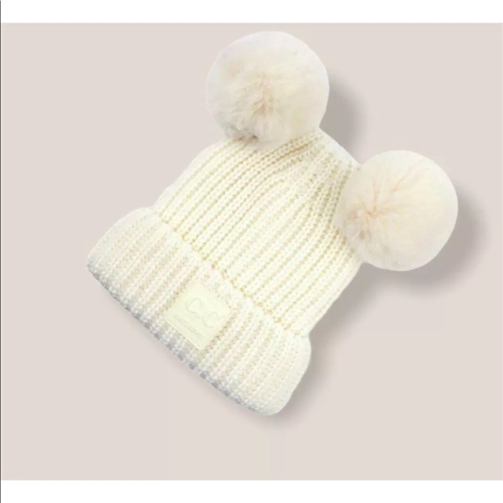 Adult Double Faux Fur Pom Beanie‎ - Ivory